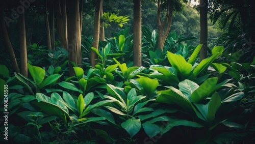 Herbal turmeric plants amidst trees in an agricultural landscape photo