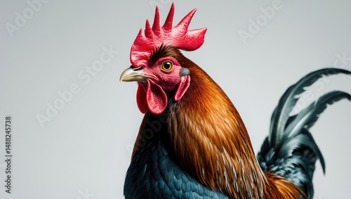Rooster against a plain white background