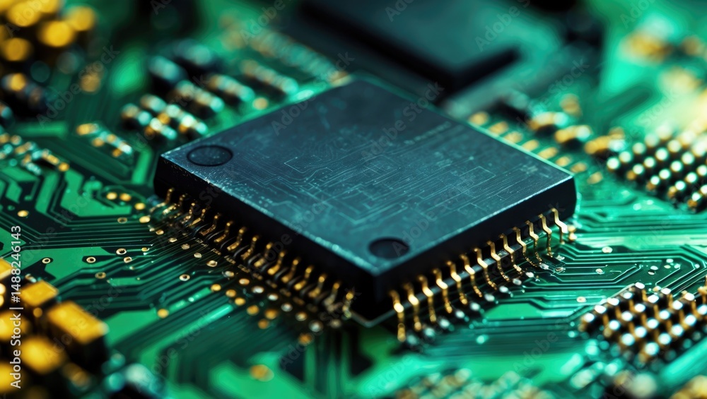 Macro shot of an electronic chip on a circuit board, highlighting intricate details and textures. Perfect for technology and innovation topics. Macro shot of an electronic chip on a circuit board, highlighting intricate details and textures. Perfect for technology and innovation topics.