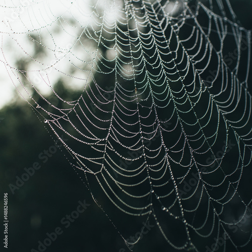Large spider web heavy with dew
