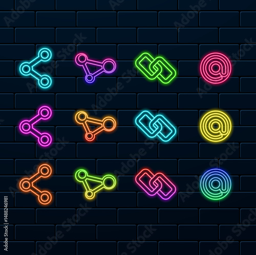 neon style. share icon. node. Two chain links icon, 'Attach Lock' symbol. neon style.