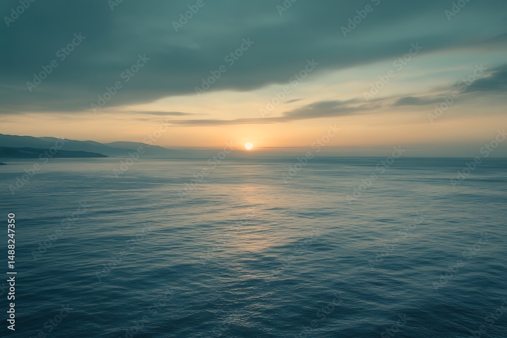 Fototapeta premium Golden sunrise bathes the expansive ocean, silhouetting the distant coastline with a tranquil, dreamy ambiance