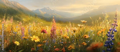 Vibrant Wildflower Meadow at Sunset with Mountains in Background