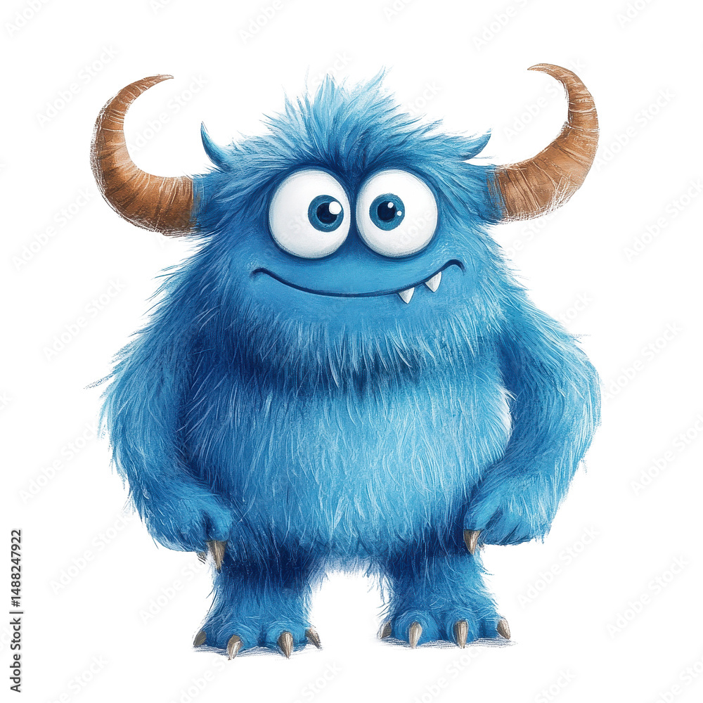 Fototapeta premium Blue furry monster with horns stands cheerfully against a white background, Blue Furry Monster with Horns Cartoon on white background
