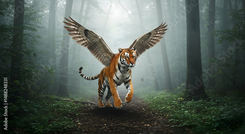 tiger,  winged tiger,  wings, Winged Tiger in Misty Forest