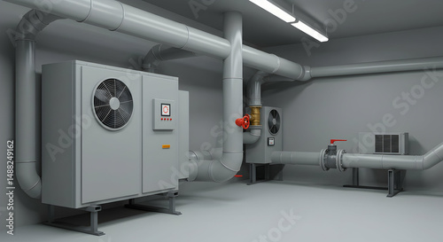 HVAC,  system,  air conditioning, Modern HVAC System in a Technical Room