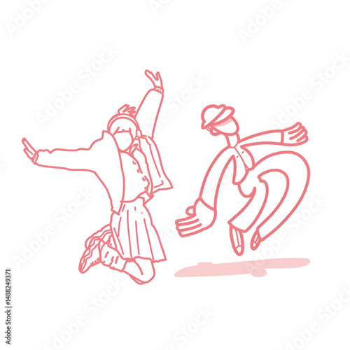 Vector line art of girl jumping with one hand up and sideways style-skateboard icon, modern teen event icon, concert event poster design