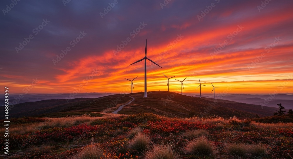 Obraz premium Sunrise wind turbines on hilltop