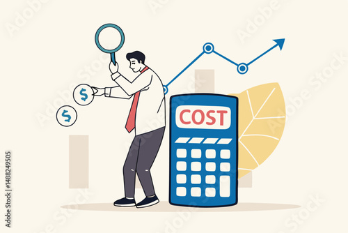 Cost management or expense analysis, business strategy to analyze and reduce cost to gain more profit concept, smart businessman using magnifying glass to analyze cost chart with calculator.