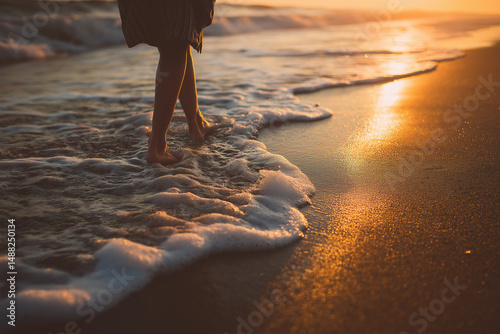 Back view of a person standing at the shoreline with waves touching their feet, golden hour glow.