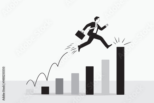 Businessman Jumping Over Graph Bars for Growth