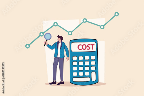 Cost management or expense analysis, business strategy to analyze and reduce cost to gain more profit concept, smart businessman using magnifying glass to analyze cost chart with calculator.