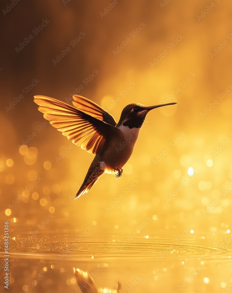 Naklejka premium Hummingbird in Flight Against a Golden Sunset Background
