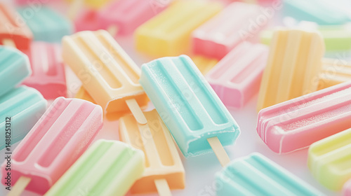 A colorful stack of popsicles placed on crushed ice, shot overhead for a playful, refreshing summer vibe..