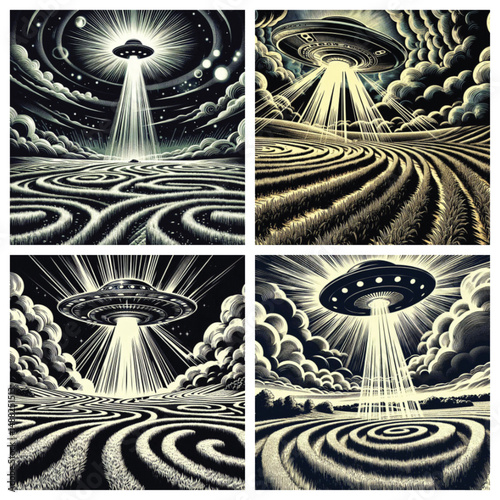 Alien spacecraft beaming down light onto crop circles under clouds  