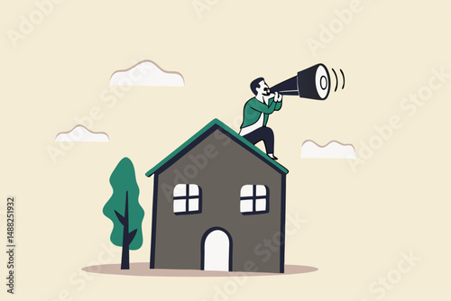 Real estate and housing investment opportunity, property growth forecast or vision, future mortgage or Reit profit concept, businessman investor with telescope climb up house chimney to see vision.