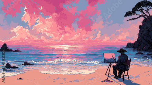 A painter on a beach creating a seascape at sunset, painter working, pixel style