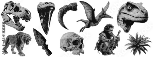 Set of prehistoric dinosaur halftone grunge vector design elements