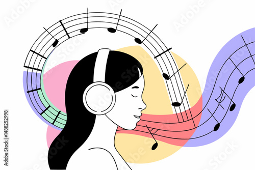 A Young Woman Immersed in Music with Headphones and Abstract Musical Elements