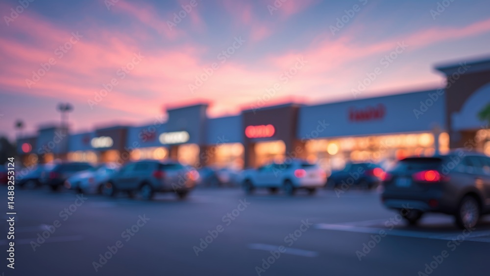 Fototapeta premium Hazy image of deserted parking zones at a modern retail center with bokeh lighting in the background.