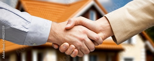 A handshake in front of a house signifies a real estate deal or agreement between two parties