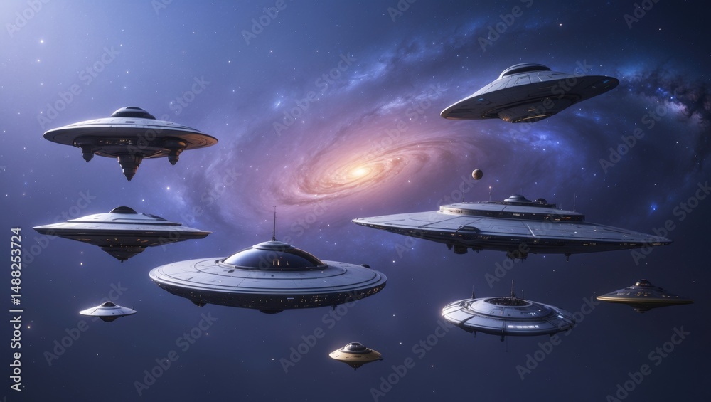Obraz premium Collection of spaceships, rockets, UFOs, isolated galaxy, and sleek spacecrafts