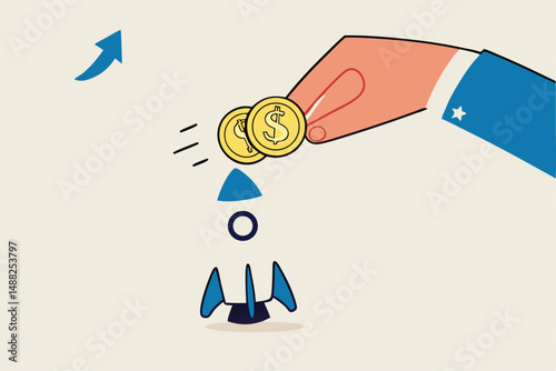 Funding startup company or venture capital investment, cost or budget to new business, pay for project launch concept, businessman hand investor put money coin into innovative rocket to launch company