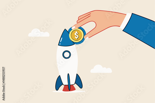 Funding startup company or venture capital investment, cost or budget to new business, pay for project launch concept, businessman hand investor put money coin into innovative rocket to launch company
