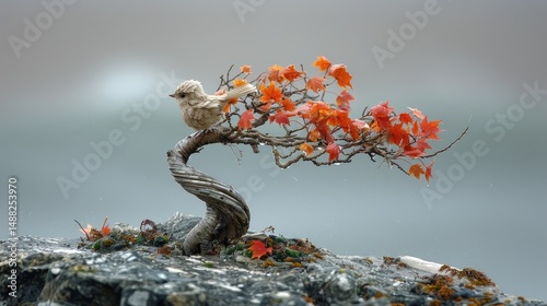 A young maple tree standing firm on a rocky cliff edge, its slender trunk bent by constant ocean winds but still supporting a full canopy of vibrant autumn leaves