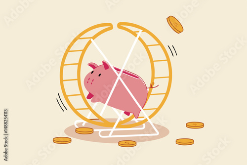 Financial habit or routine, shopping and cost causing money problem, debt and loan payment or savings behavior concept, tried piggy bank running in rat race or hamster wheel.