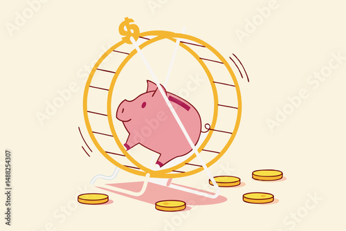 Financial habit or routine, shopping and cost causing money problem, debt and loan payment or savings behavior concept, tried piggy bank running in rat race or hamster wheel.