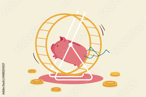 Financial habit or routine, shopping and cost causing money problem, debt and loan payment or savings behavior concept, tried piggy bank running in rat race or hamster wheel.
