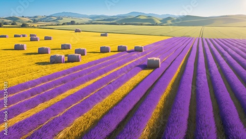 AERIAL Shot of harvested wheat field with hay bales