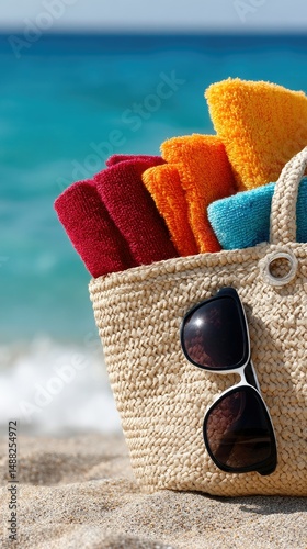 Colorful beach bag with towels and sunglasses on white sand overlooking crystal-clear waters of an exotic island during a sunny day