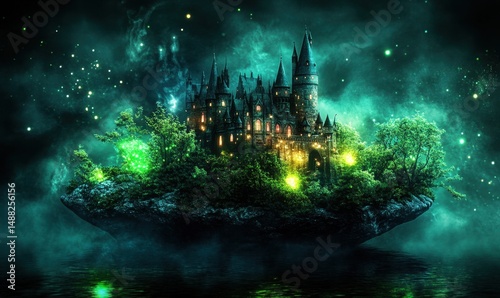 Magical castle on floating island, night scene, fantasy art, game design