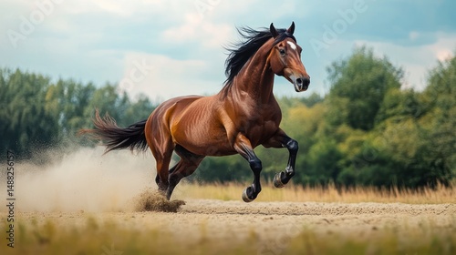 Majestic brown horse galloping through the open field with boundless energy