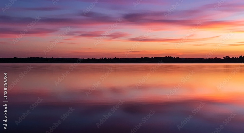 Obraz premium Abstract Lake Reflections at Dusk | Colorful Twilight Sky, Smooth Water Surface Patterns, Serene Tranquil Waterscape, Pink Purple Orange Hues, Minimalist Evening