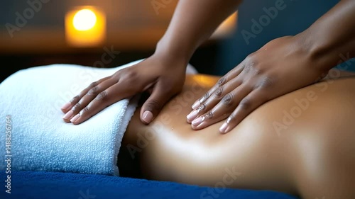 Wallpaper Mural Close-up of a therapist’s hands performing deep tissue massage on a relaxed woman’s back, with warm towels, flickering candles, and herbal aromas filling the peaceful spa environme Torontodigital.ca