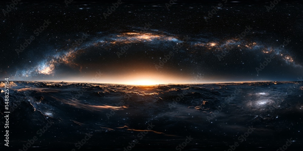 Fototapeta premium Equirectangular photograph of deep space, featuring a nebula, stars, and a dark background