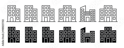 Building icon set of apartment architecture real estate skyline structure vector illustration in modern outline and filled style design collection.
