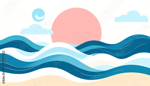 A serene digital illustration of waves under a pastel sun and clouds, evoking a calm ocean scene