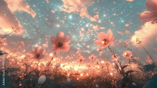 Dreamy video of pink cosmos flowers in a field with a sparkling sky and clouds. The scene evokes a sense of fantasy, peace, and ethereal beauty, ideal for dreamy and nature related projects.