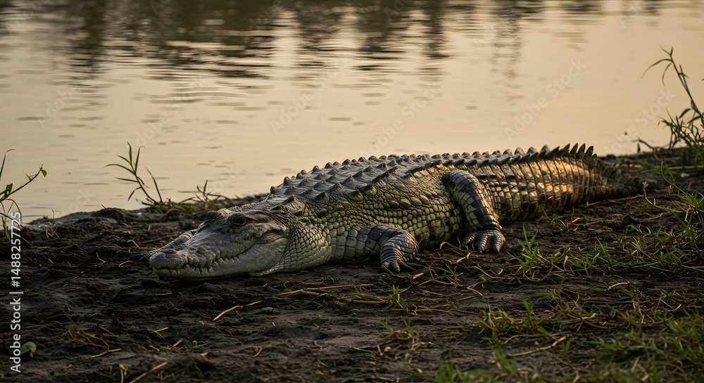 Obraz premium Large reptile resting near water edge, wildlife photography of a dangerous animal in nature on transparent background