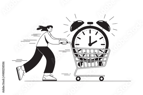 Woman Pushing Shopping Cart with Large Alarm Clock
