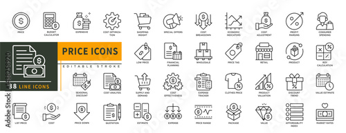 Minimalist Price line icons set with editable stroke, featuring badget calculator, expensive, cost, price down, list price, shopping insight, special offers, estimate, low price, retail, illustration.
