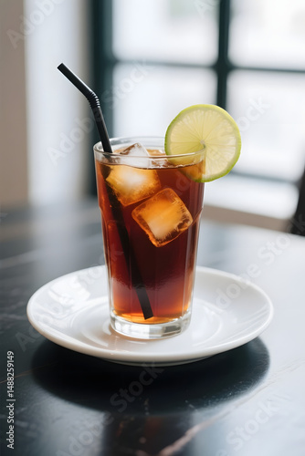 Refreshing iced Orange juice served in a glass with ice cubes and a lime slice during a sunny afternoon