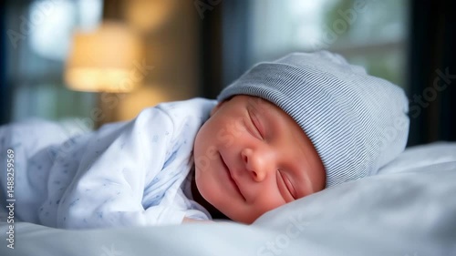 Infant baby slowly opening eyes while lying in bed, waking up calmly in a peaceful room with soft lighting. AI generative 4K video.