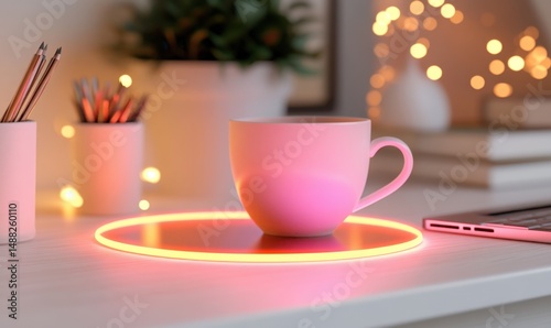 Pink mug on glowing coaster, desk workspace, cozy evening