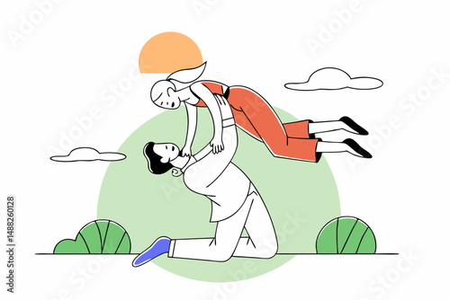 Tender digital artwork featuring elegant silhouettes of a father lifting his daughter, symbolizing family love and joyful moments.