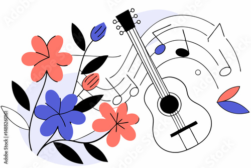 Floral and tropical themed electric guitar design with sheet music accents to evoke a vibrant and musical island atmosphere.